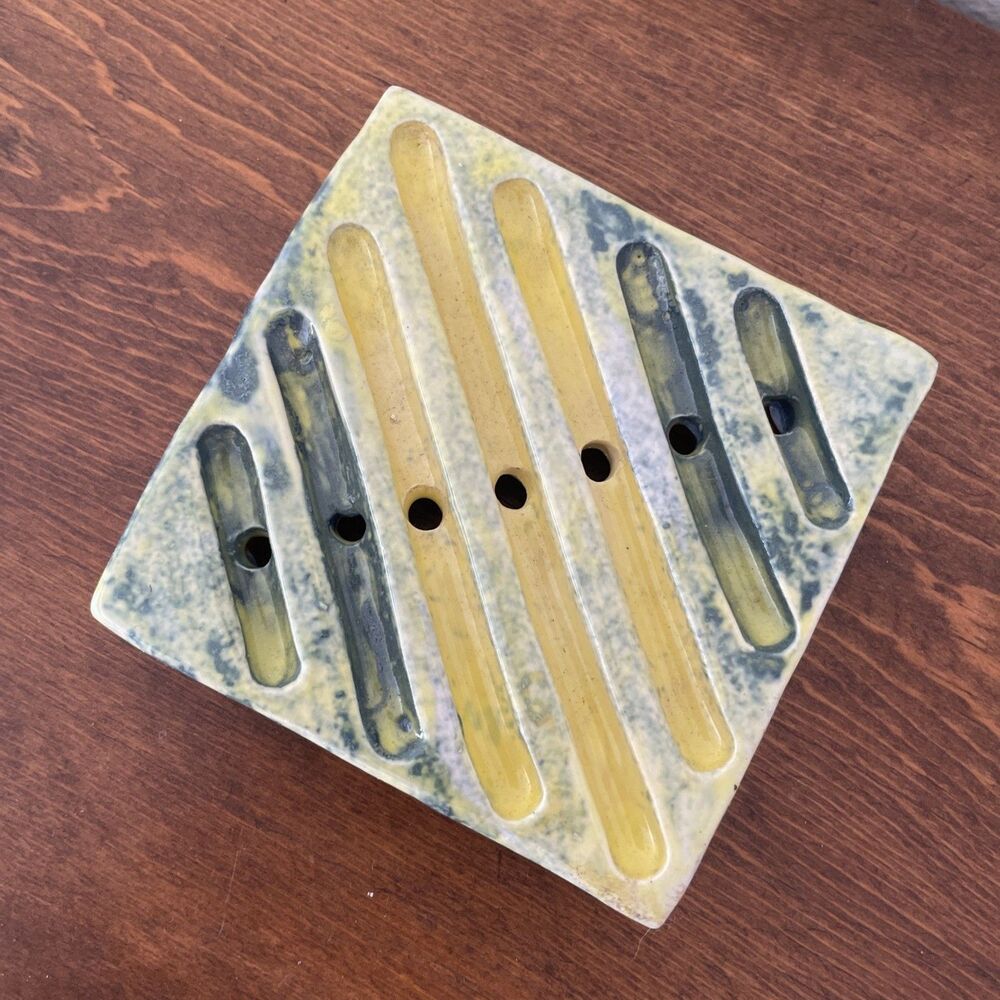 Handmade Pottery Ceramic Soap Dish 3.5 Inch‎ Square Yellow Blue Abstract